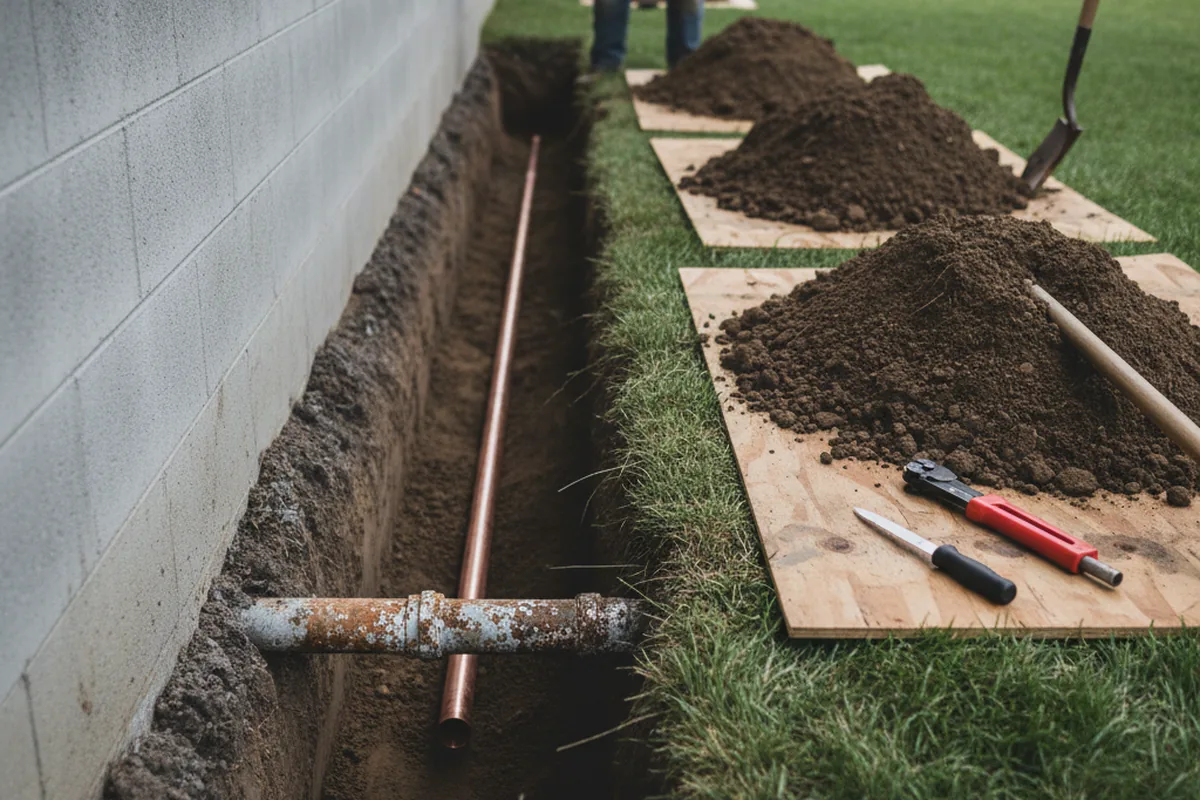 Excavated water line trench during Sewer Line Repair in Calumet